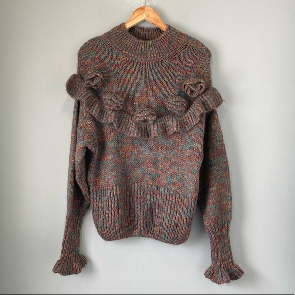 Zara Mohair Blend Oversized Knit Sweater Ruffle Flower Pom-Poms Bubble Sleeves - Picture 2 of 14